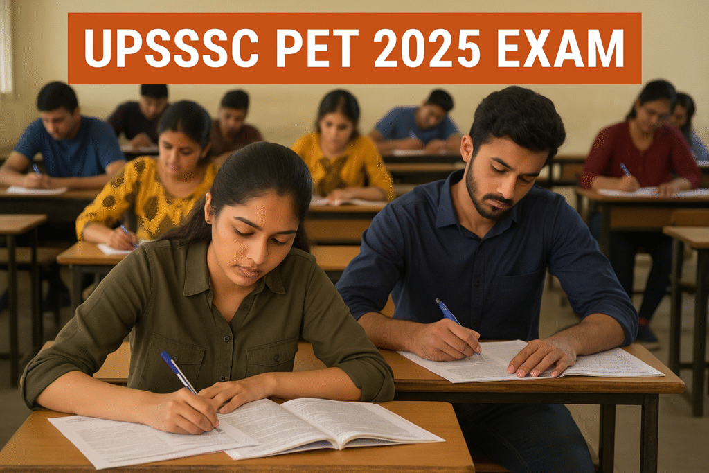 Students appearing in UPSSSC PET 2025 exam writing answers in a classroom – Uttar Pradesh Preliminary Eligibility Test photo